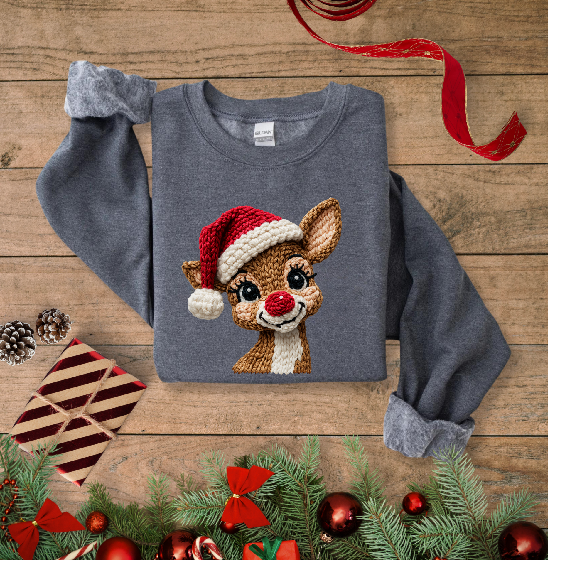 Faux Crochet Reindeer Gildan Youth Sizes