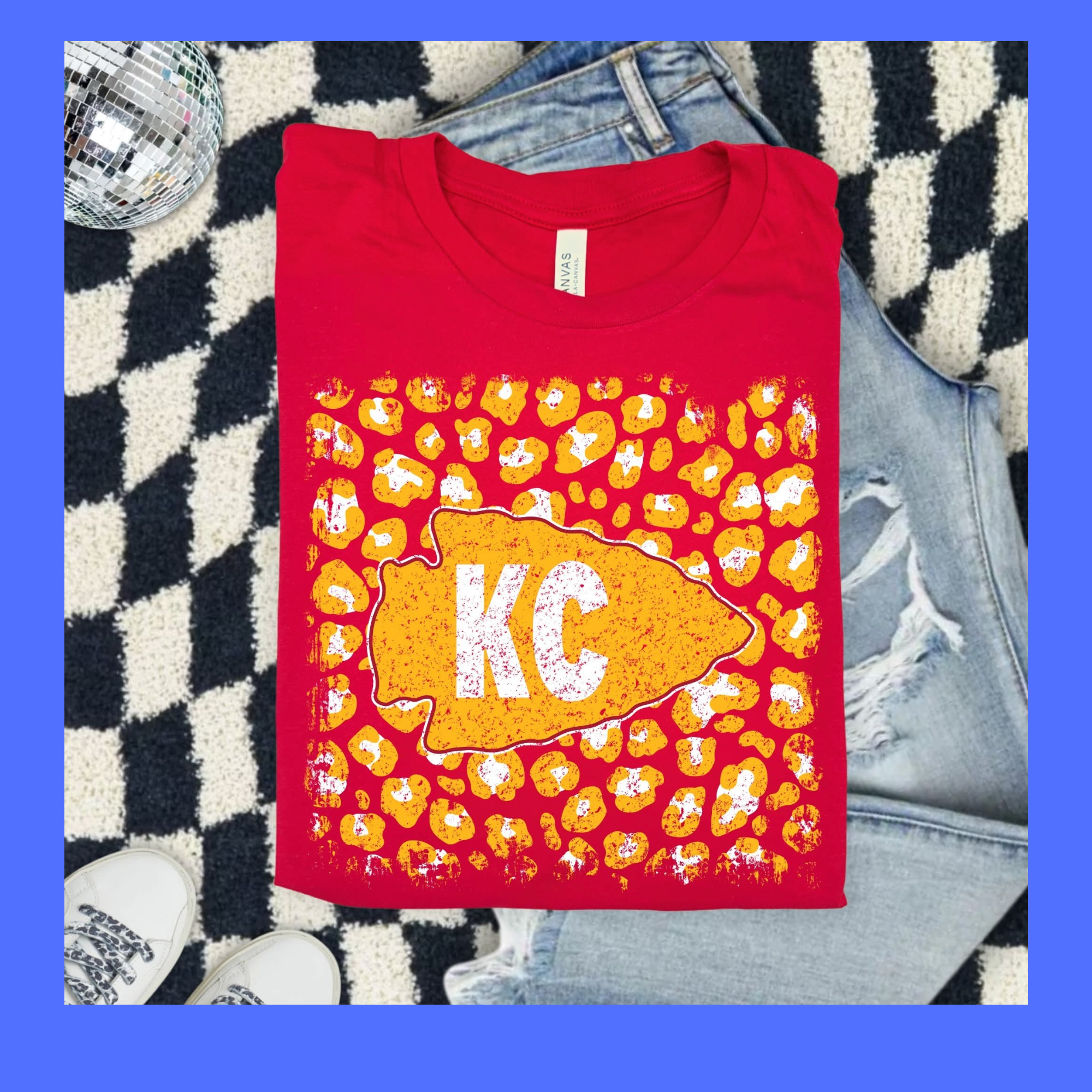 KC leopard print Yellow on Red shirt