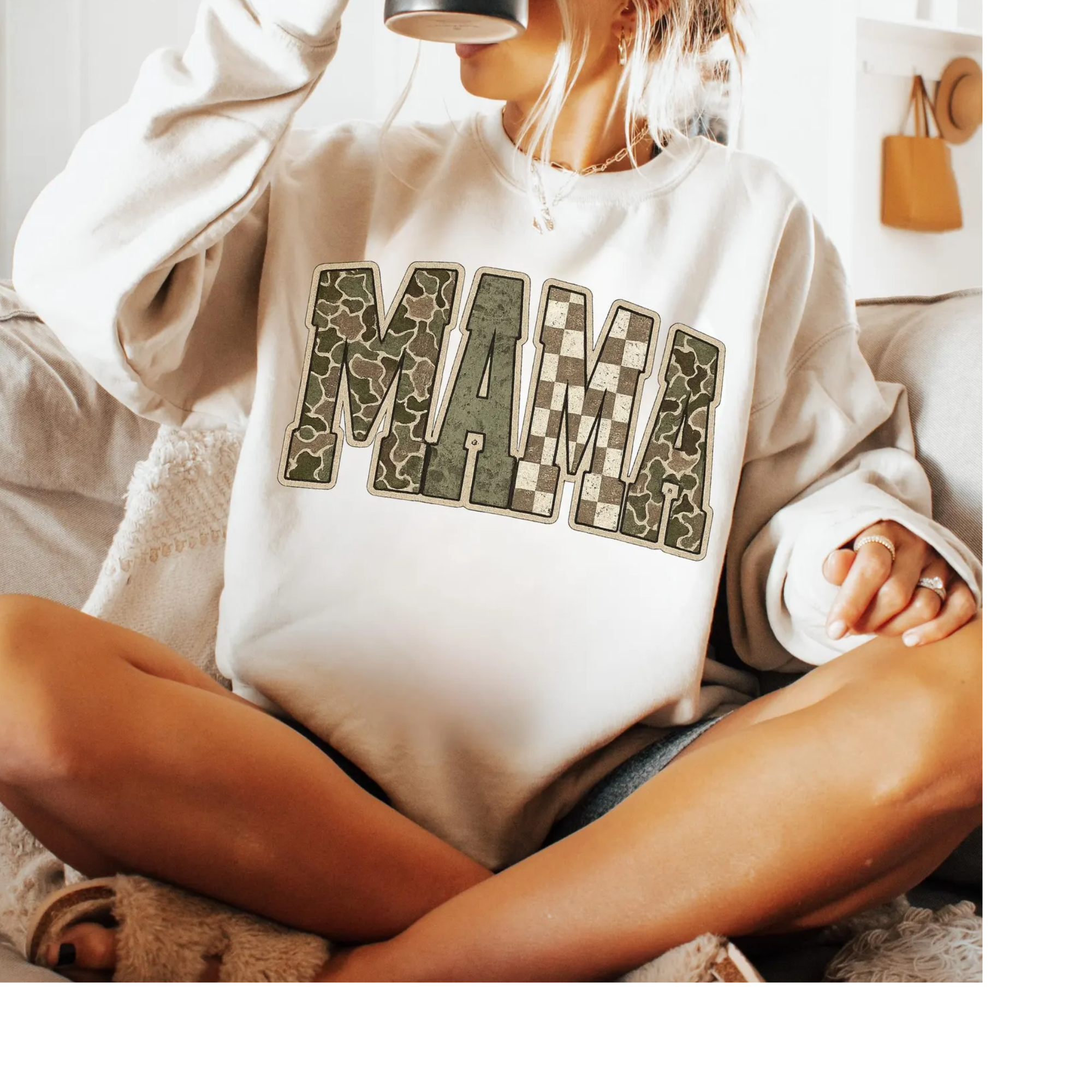 MAMA Camo Checkered Lettering Crewneck