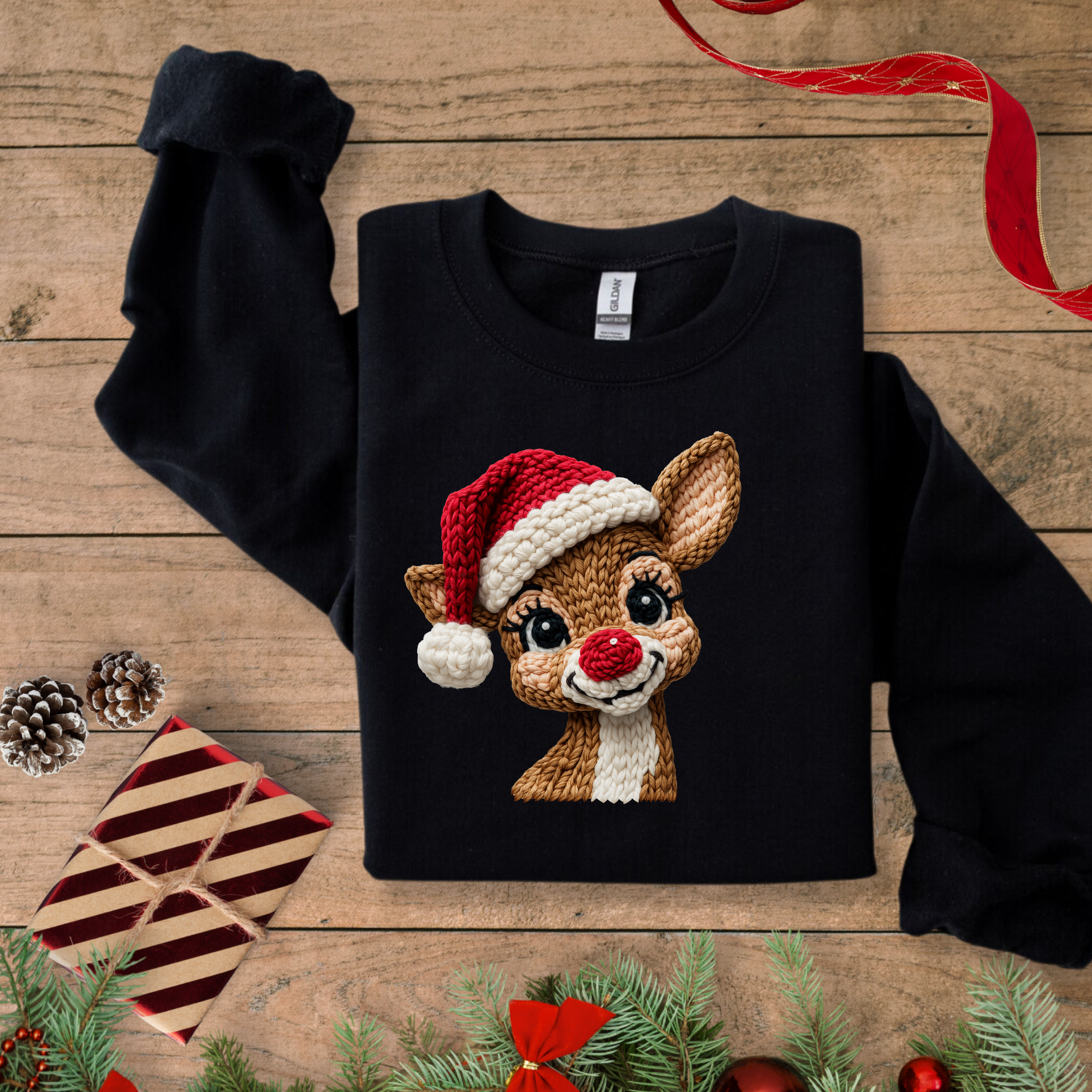 Christmas deer faux crotchet Sweatshirt