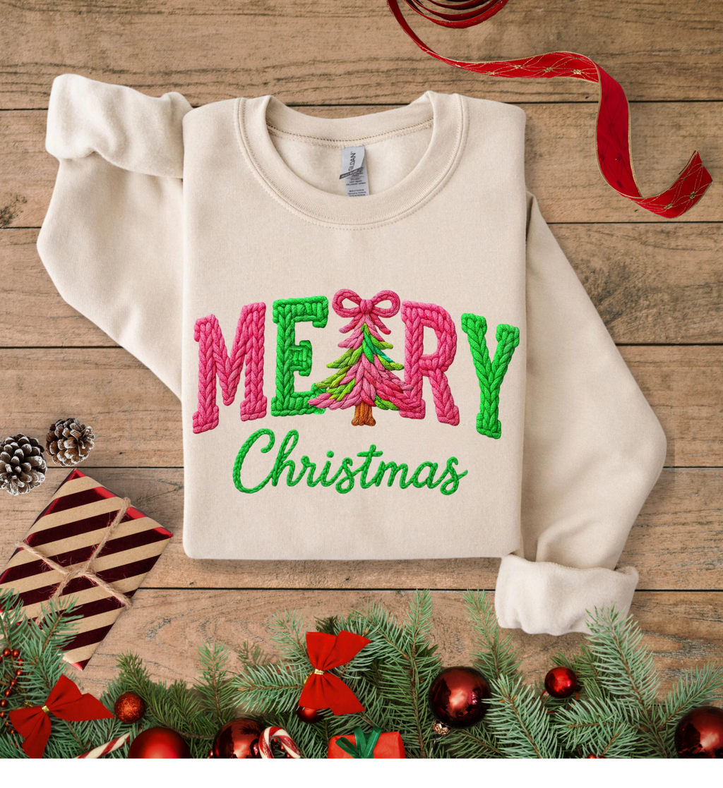 Merry Christmas Faux Crotchet Gildan Crewneck