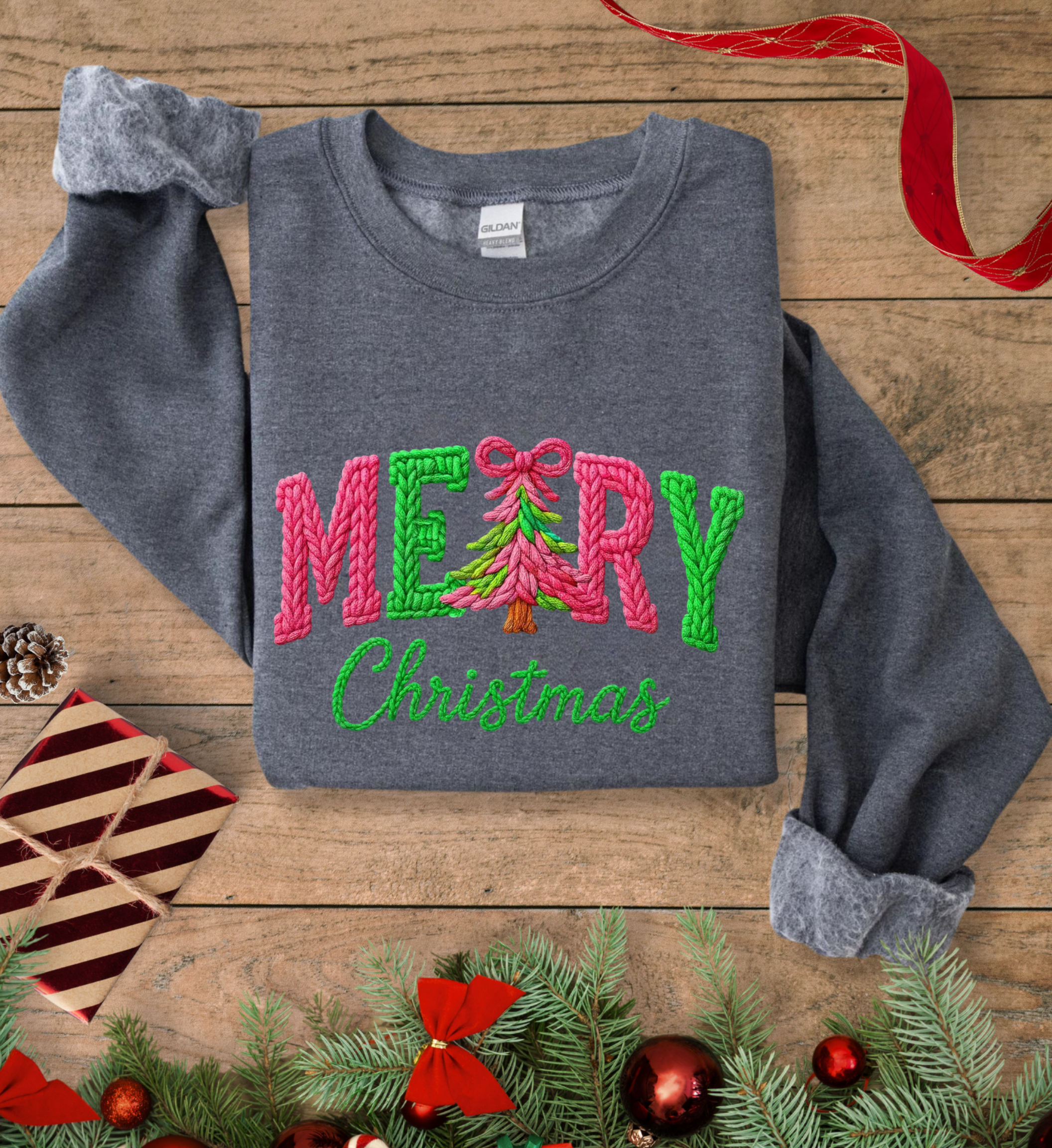 Merry Christmas Faux Crotchet Gildan Crewneck