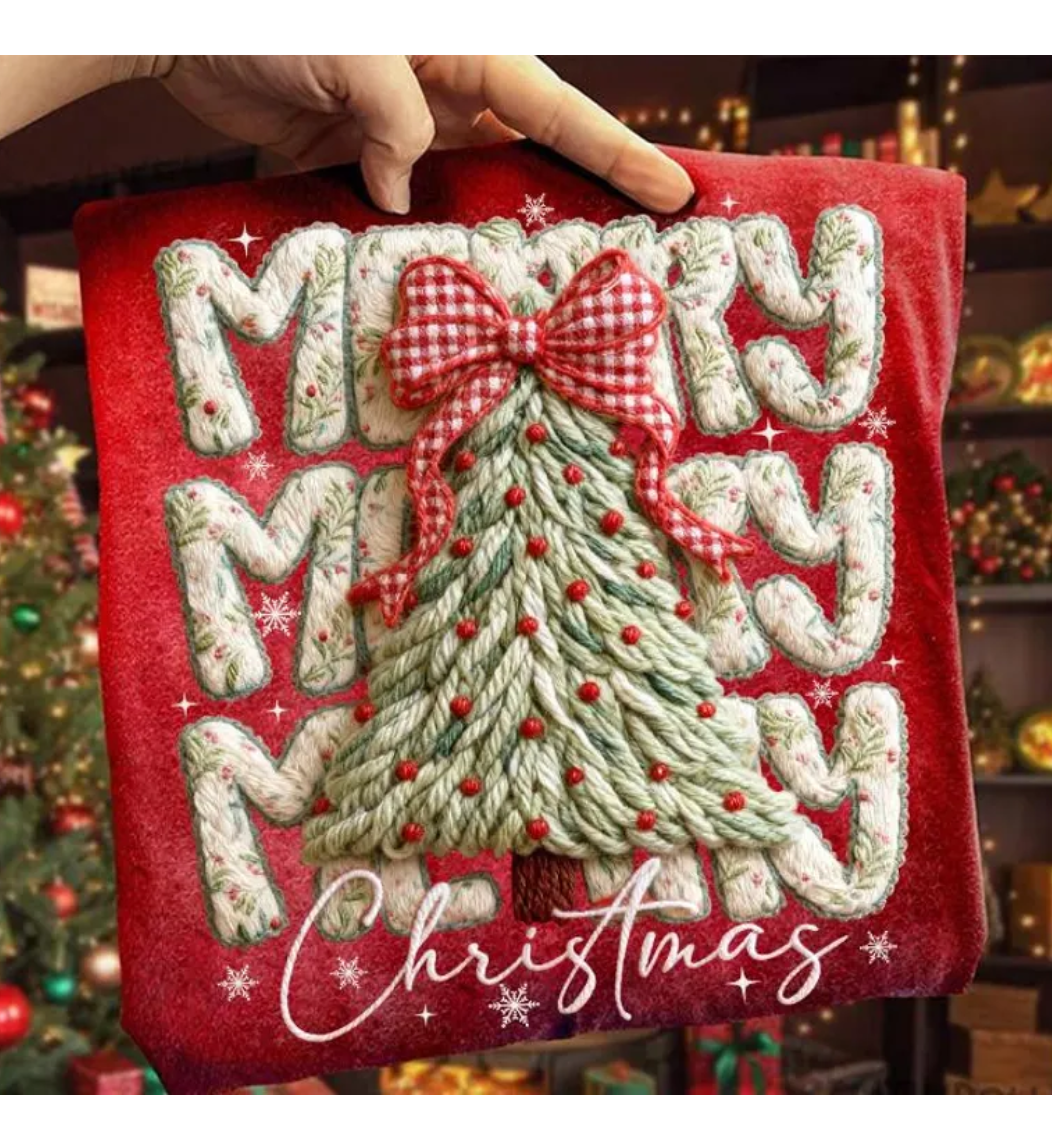 Merry Merry Christmas Faux Crochet Heather Red