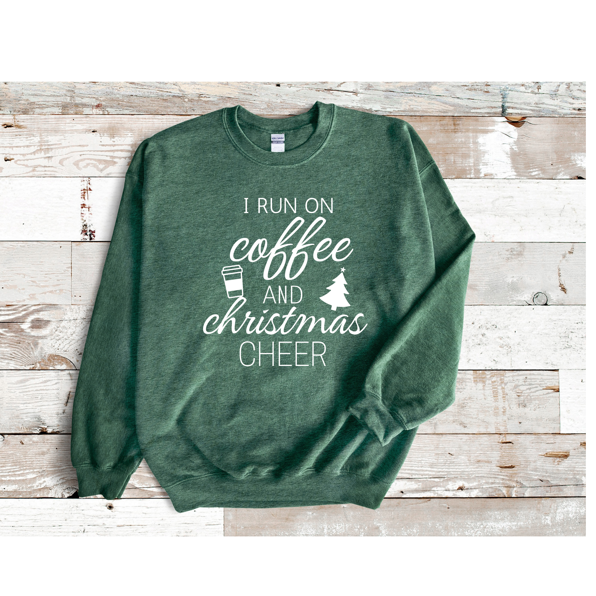 I run on Coffee and Christmas Cheer Heather Green Heather Red Crewneck
