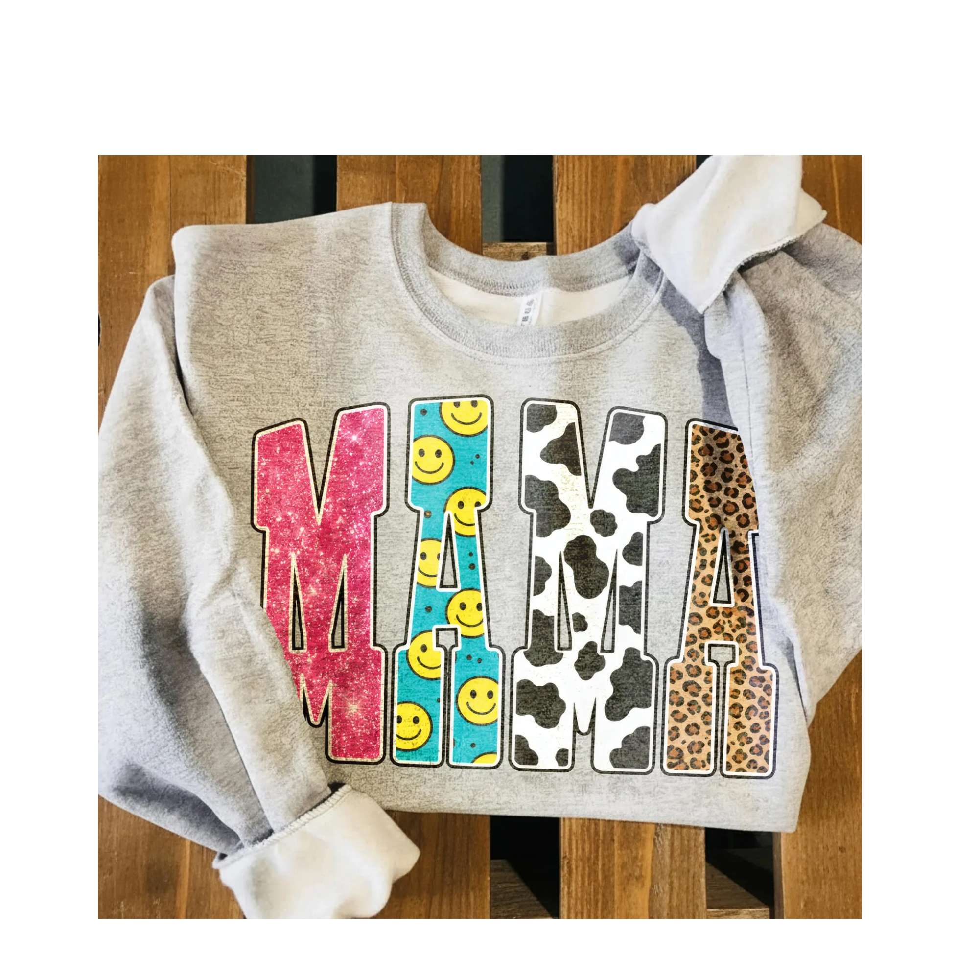 Mama Smiley, pink, cow, leopard print Ash Crewneck